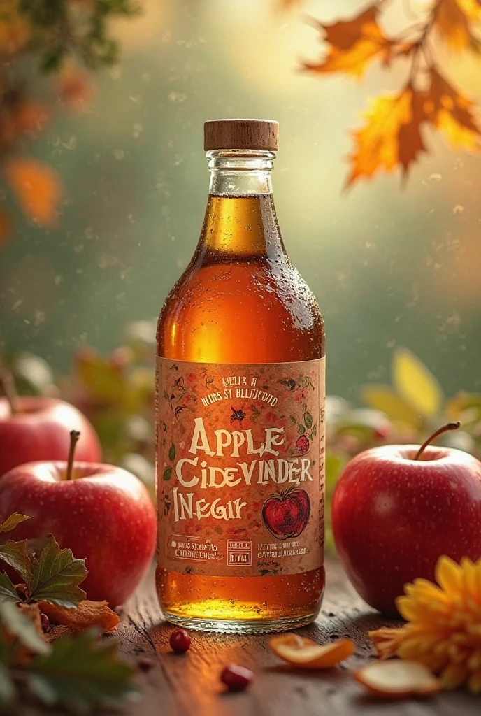 create animated apple cider vinegar bottle with apple background