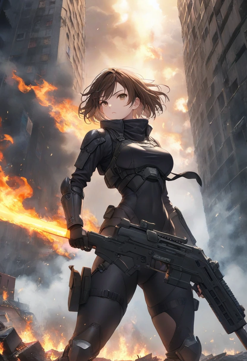 a woman in a bodystocking fights with a man who has ammunition hanging on his arm, a destroyed factory