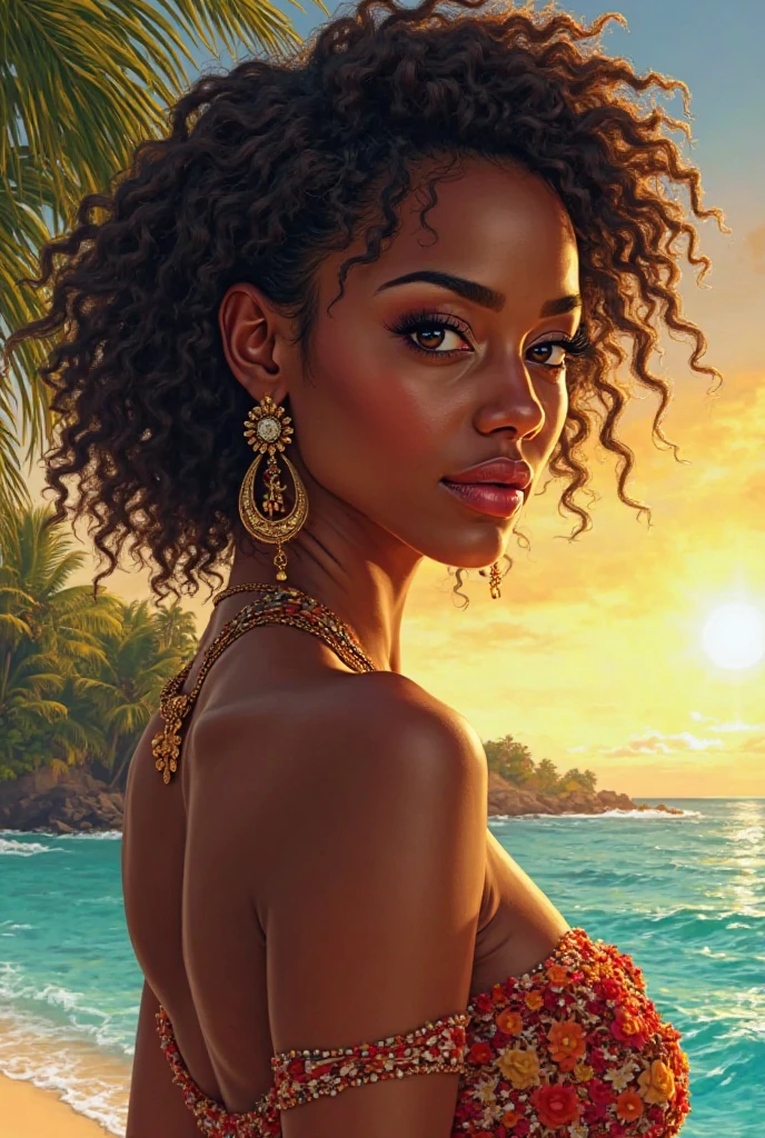Ultra-realistic, 4k, professional photo, 22 year old girl, black girl, big curly hair, HDR, detailed face, medium body, yellow skirt with flower, (open unbuttoned blue shirt), Masterpiece, (lighting), (1solo), beach background, realistic background, realistic photo, topless