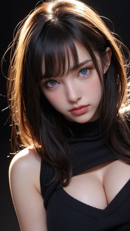 masterpiece, best quality, ultra-detailed, intricately detailed hyperdetailed, realistic, sharp features, highly detailed, sharp focus, perfect face, perfect face, perfect symmetrically perfect eyes, perfect full lips, flexible female form, cinematic, film light, hyper detailed, hyper realistic, high resolution, vibrant, dynamic studio lighting, nsfw, ((Dark background)), Sexy face, Facial expressions when receiving pleasure, straight Bangs, Big breasts, Exposed cleavage, blue Eyes,black sweater, cowboy shot,
