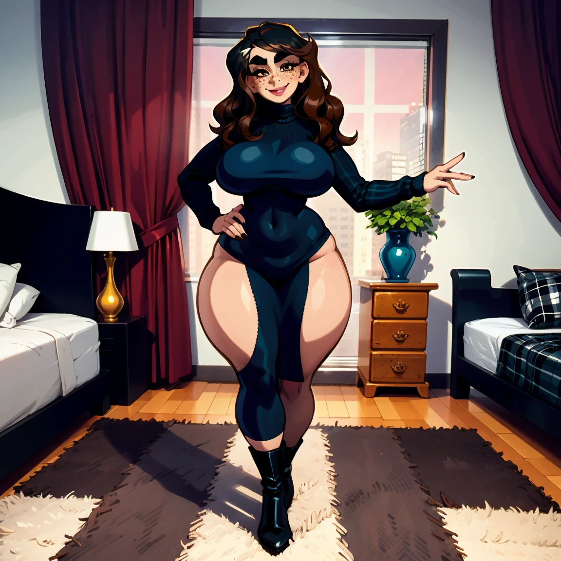 solo, (brown sweater), (gray pants), seductive smiling, (((standing to camera))), (red heels), (brown eyeshadow), (brown curly hair), ((voluptuous body)), (perky butt), (((mother))), radiant lighting, vibrant colors, whimsical atmosphere, 8K, high resolution, highly detailed, masterpiece, vibrant and luminous, dynamic and imaginative, beautiful and enchanting, charming and captivating