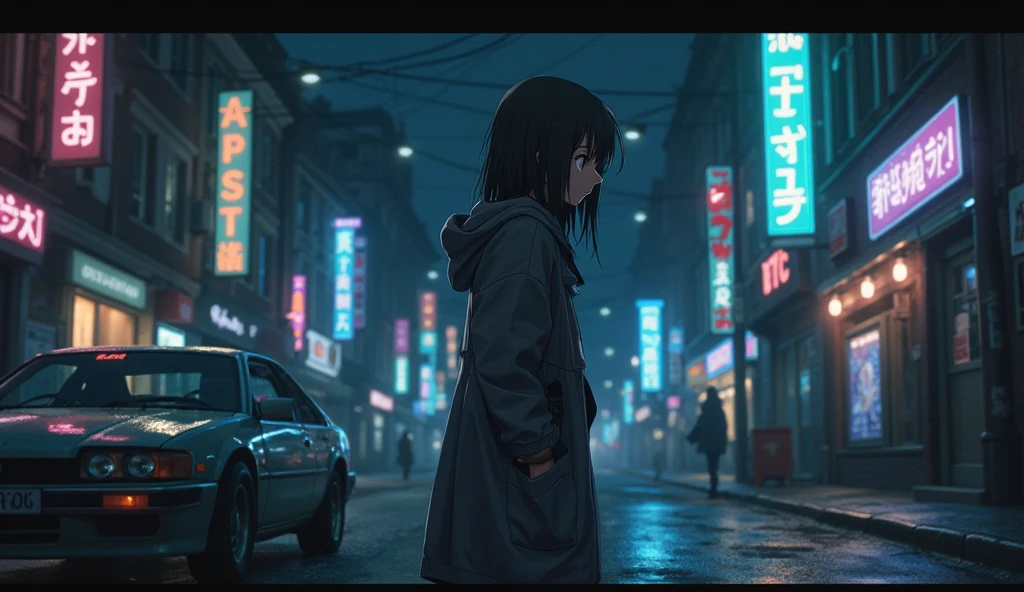 Anime girl walking alone, holding coat, Night on the street .
Hooded , an anime girl with a glowing eye, neon lights in the back.
Anime girl looking out the window of the car, slightly dramatic.