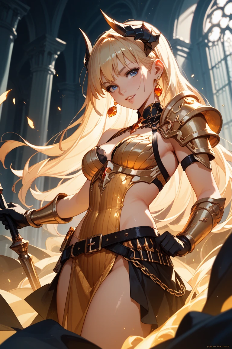 Ultra HD、Ultra-clear、White and beautiful translucent skin、Beautiful and well-proportioned face、Cute smile、Sagittarius Warrior、Covered entirely in golden armor、Holy knight in golden armor、Golden Tiara、Golden armor with ornate carvings covering the entire body、Heavy golden armor、Translucent beautiful green eyes、Blonde、Big Breasts、Outer space background、
