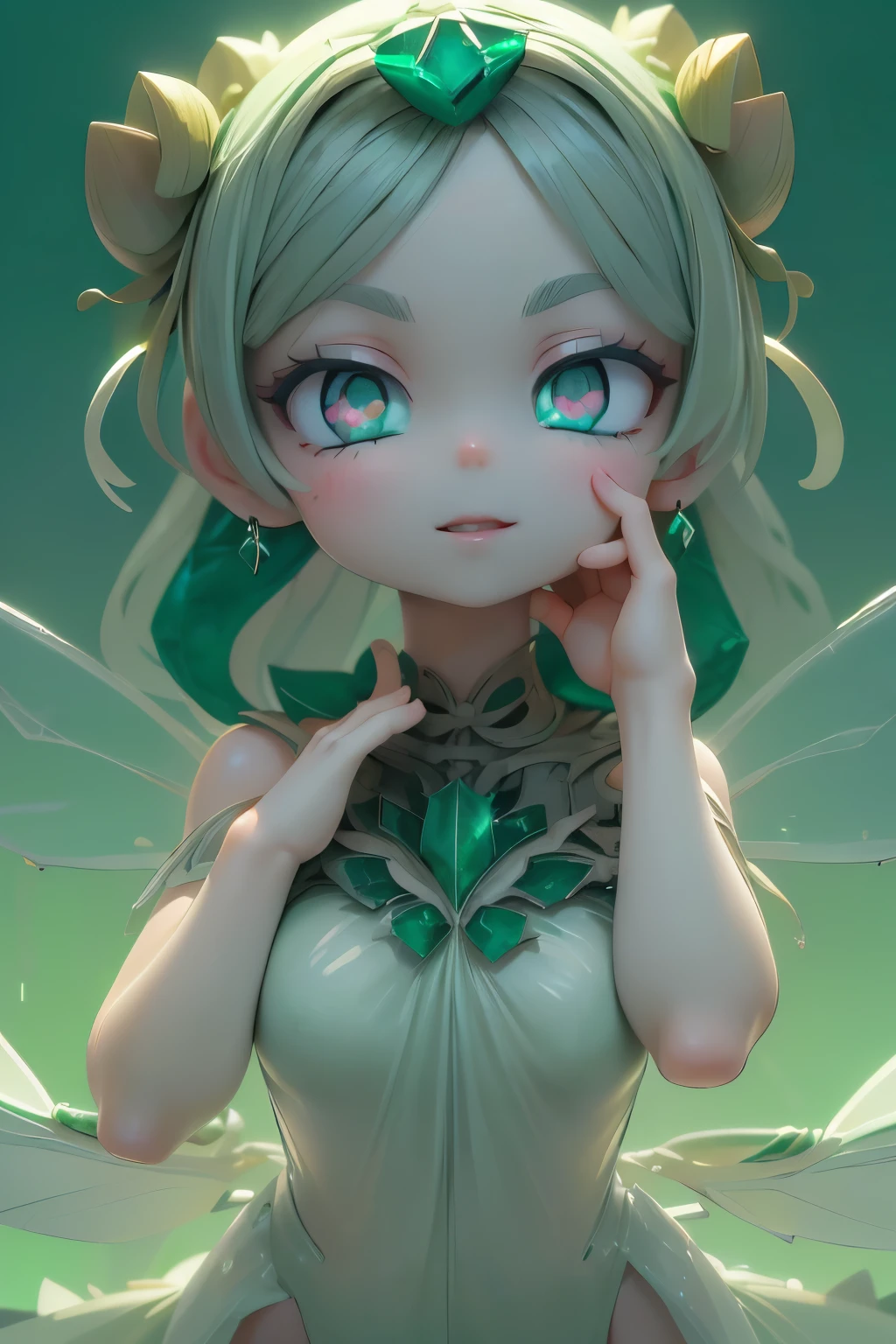 solo,1 Female,cute, cute,small ,Skin color is white,(Succulents Succulents Fairy:1.5),(Mysterious fairy:1.5),(An accurate and perfect hand:2.0),(Anatomically Accurate Hands:2.0),( ballerina pose :1.5),(Emerald Green Jewel-like Eyes:2.5),(Glittering Highlights Reflected Light:2.0),(Background is a Blue Sky and Beautiful Fresh Green Forest:1.5),(Yellow-green shiny semi-long hair:1.2),(is smiling:1.2),(with large transparent Dragonfly and agave wings growing on its back:1.7),(beautiful luxurious dress like metallic green Succulents:1.5),big cute smile,(Dragonfly's Beautiful Wings on Her Back:1.5),[Dragonfly Wings:1.5],(The background is a blue sky, beautiful fresh greenery, and an agave forest:1.5),(8k,very detailedCGユニットのwallpaper, masterpiece,high resolution, real texture skin,surrealistic,increase resolution,RAW photo,best quality,very detailed,wallpaper,Movie Lighting, Raytrace ,face close-up,(Face Light:2.0),(Increase overall color saturation:2.0),(cowboy shot:1.5), Frontal lighting ,
