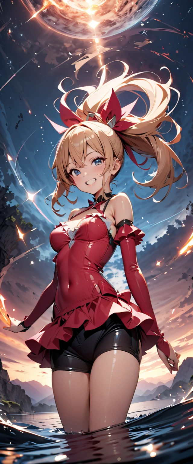(from above:1.2),(from side:0.9), (Close-Up:0.6), highest quality、(real、photorealistic:1.4)、(RAW photo:1.2)(Curve,Model,glamor:1.5),Beautiful breasts,colour_aberration,beautiful detailed shadow,Beautiful eyes,Beautiful body,Beautiful skin,beautifull hands,(medium_breasts:1.5),1 girl in, (perky chest:1.2), (pointed chest:1.2), dark bronde hair,long hair,side ponytail,hair between eyes,bangs,Purplish brown eyes that dreamers desire, (Blonde hair) , small stature, Colossal tits, Lori, (masutepiece:1.2, Best Quality), (finely detailed beautiful eye: 1.2), (beautifull detailed face), (Best Illumination, extremely delicate and beautiful), ((Cinematic Light)), Dramatic light,Ultra Contrast、Braid a little around the ears, clavicle, red long dress、only has 5 fingers,Her pussy is visible through the see-through white thong、Wet pants、You can see inside your underwear、full of sweat、mocking look、diaper、nffsw,Arms crossed、grab the arm、Shoot from below、The angle is as seen from below.、Best Quality、Large breastuscular pussy:1.2、Pubic hair,high-level image quality、hightquality、8K,perfect hand、5 fingers、finger pin、Perfect Finger、see-through T back、Naked、noise cut、bullet hand、Her hair color should have been a brighter brown,The skirt part is also carefully expressed,brown skirt、the skirt is floating in the wind:1.3、see-through purple panties、Pubic hair majority,(with sparkling eyes and a contagious smile),her thin pubic hair:1.2, looking at viewer