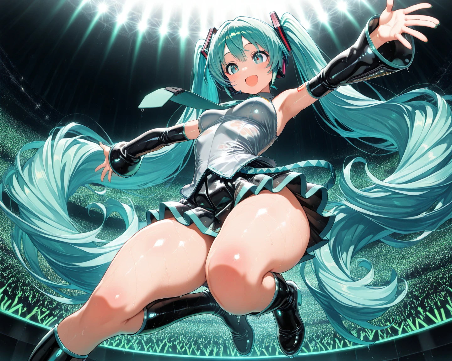 Young Hatsune Miku、skirt、Photographing a subject from below、Low - Angle、Spread your legs、Pussy、Dripping a lot of thick white love juice、squat、Big Breasts、、See-through clothing、Transparent nipples、blush、Close your eyes and scream、Touching the groin、Sweat