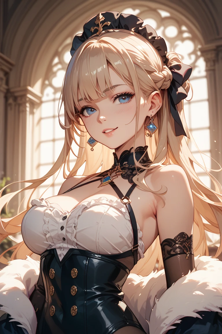 top-quality、realistic touch,high-detail、photoRealstic、Long body、captive beauty、big eye、huge tit、Strong platinum blonde eyelashes、platinum-blonde、Beautie、A sexy、full body Esbian、Sparkling eyes、Submissive smile、Flushed cheeks、Kamimei、thin-waist、Voluptuous thighs、Enraptured look、Raked bangs、The forehead is protruding、Corset to emphasize the chest、Obedient maid、sleeveless