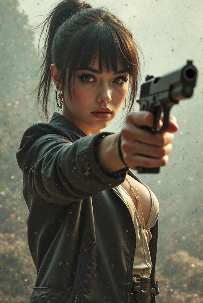 Woman, drug dealer, rifle on the sling, smoking, Brunetette