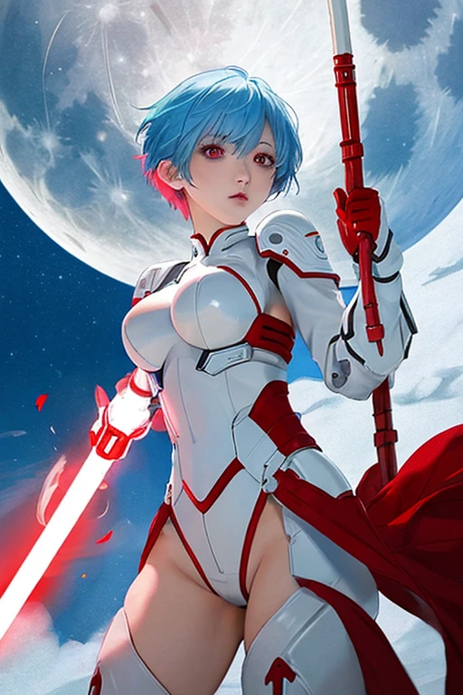 Kei from The Dirty Pair wearing a skimpy white outfit, cleavage, bushy red hair beauty, alien planet, sky, clouds, holding retro space-gun, green headband
