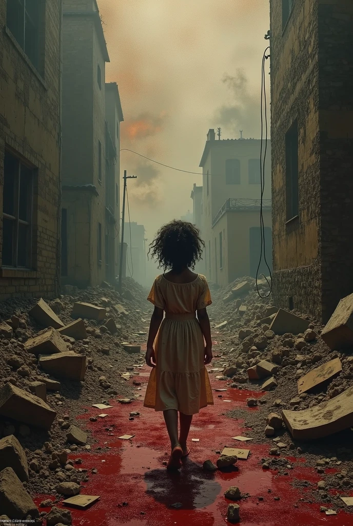 Post-apocalyptic scene with dusty buildings, In the center there is a child, A small black girl with curly black hair, The girl has a gentle expression, Her clothing is a little old