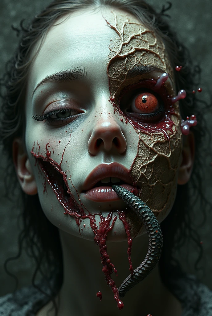 Dissected head in profile, showing brain, bloody, gory, spine and eyes, screaming