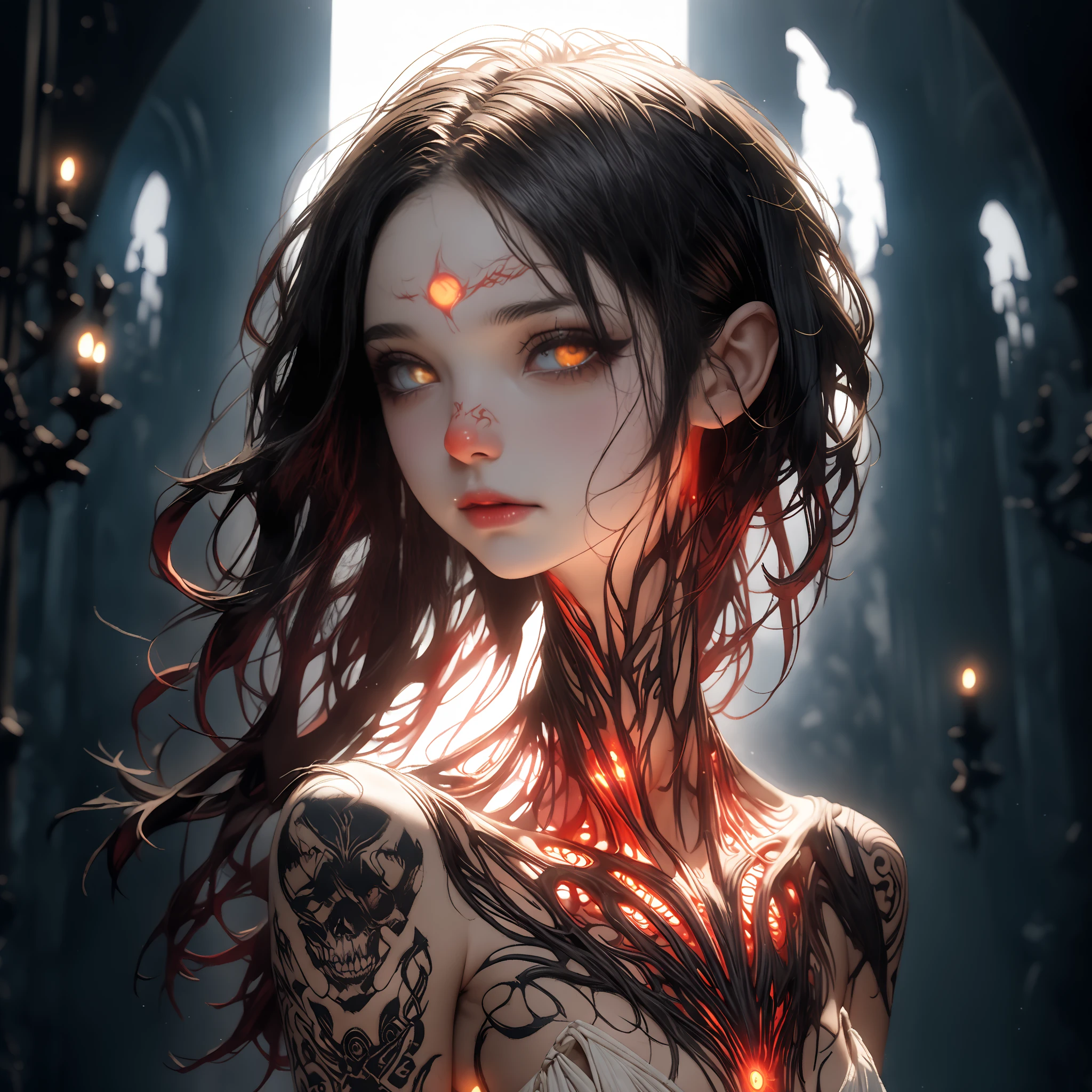 (Alison Brie:Emmy Rossum), powerful sorceress,tribal tattoo, messy hair, Full body, Beautiful anime waifu style girl,hyperdetailed painting, luminism, art by Carne Griffiths and Wadim Kashin concept art, dark background, abstract beauty, approaching perfection, pure form, golden ratio, minimalistic, dark atmosphere, unfinished, concept art, by Brian Froud and Carne Griffiths and Wadim Kashin and John William Waterhouse, intricate details, 8k post production, high resolution, hyperdetailed, trending on artstation, sharp focus, studio photo, intricate details, highly detailed, by greg rutkowski