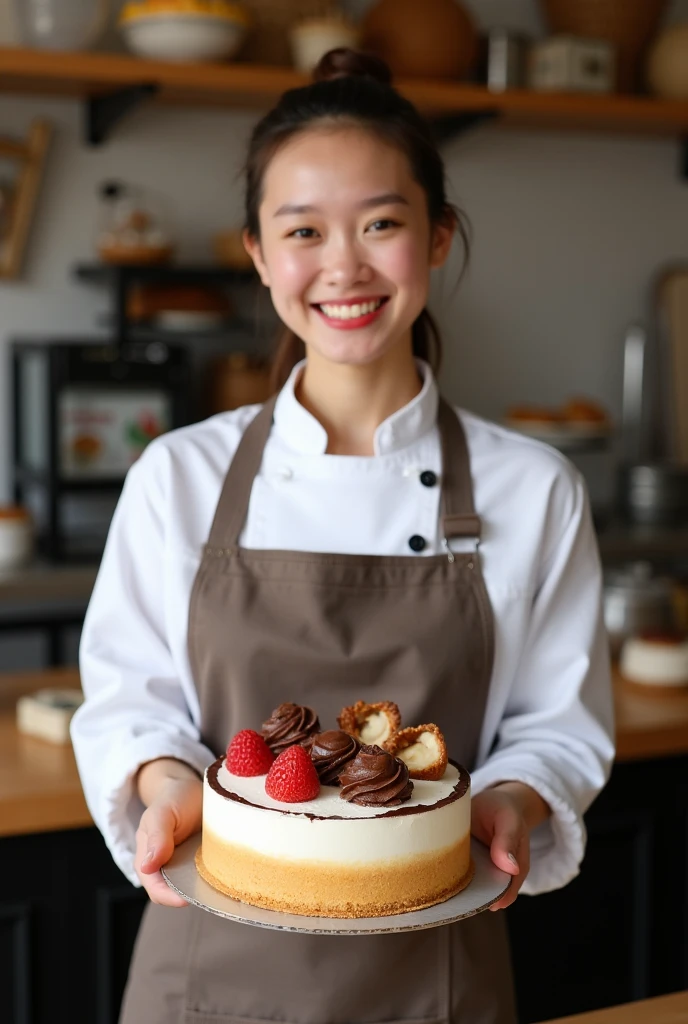 smiling woman in apron holding tray of cake with different toppings, dressed as a pastry chef, wearing an apron, high quality portrait, food stylist, stock image, pastry, ( waitress ) girl, fresh bakeries in the background, cake in hand, 21 years old, carrying a tray, pexels, photoshoot, chocolate frosting, baking a cake, culinary art photography
