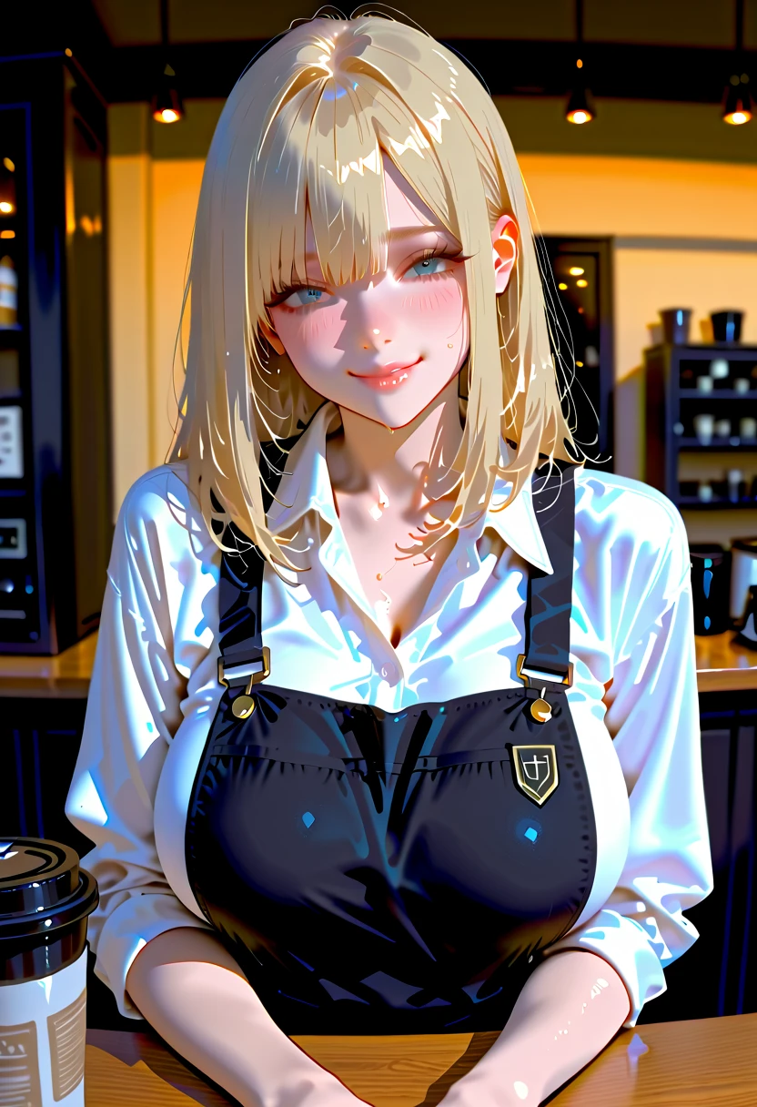 score_9, score_8_up, score_7_up, score_6_up, uncensored, Himiko Toga, blonde hair, sidelocks, braid, red eyes, BREAK (masterpiece:1.2), best quality, high resolution, (beautiful detailed eyes:1.3), perfect lighting, (perfect hands, perfect anatomy), large breasts, casual, casual_exposure, (white_cardigan), black_shirt, pleated_skirt, cafe, holding_cup, 