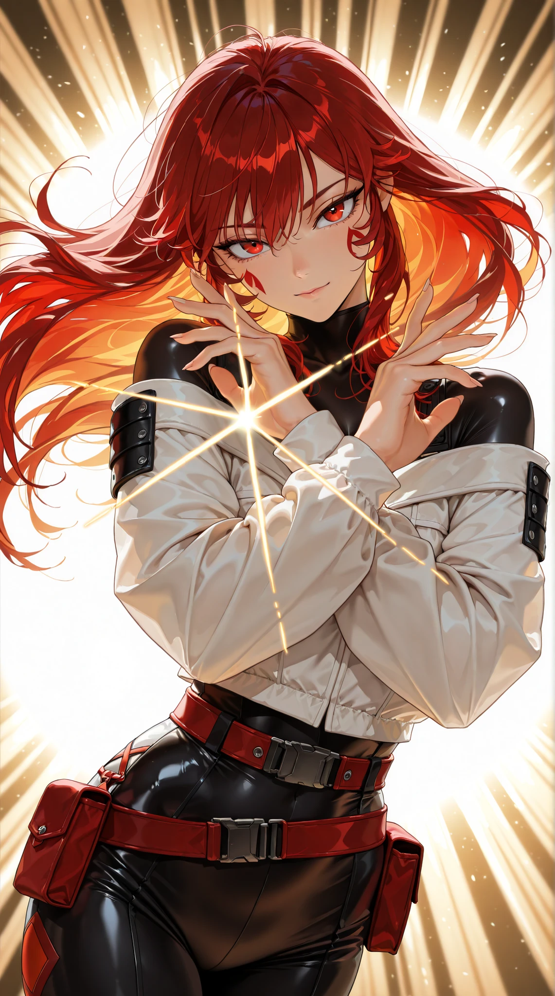 style of [Punishing Gray Raven|Inoitoh|(748cmstyle:0.48)], god rays, vivid colours, light stream, colour splotches, cinematic shot, mature, young adult, masterpiece, best quality, amazing quality, very aesthetic, high resolution, ultra-detailed, absurdres, (hands:-0.15),
(1girl, young adult, female:0.95), solo, alone,(dynamic pose, upper body focus, looking at viewer, dutch angle, three quarter view, close up, cowboy shot:1.2),LucyKushinada, SeeleVelionaNyx, red eyes, black and red hair, two-tone hair, multicolored hair, colored inner hair, long hair, facial tattoo, facial mark, off-shoulder jacket, white jacket, bodysuit, hip vents, belt, belt pouch, demonic armor, spiked armor, cloth, head tilt, tsurime, seductive pose, clawed fingers, webtoon, manwha,
BREAK, depth of field, volumetric lighting
 