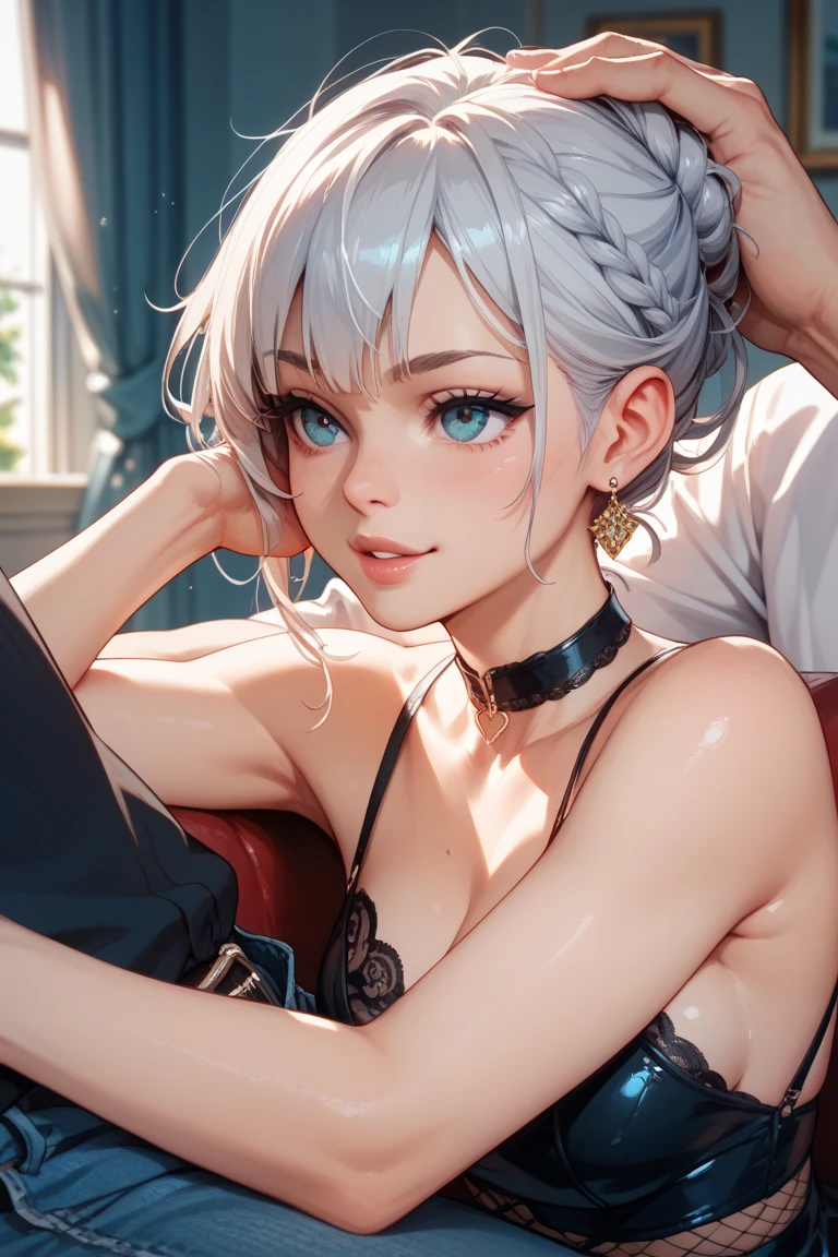 (master piece), 1 girl, white hair, short hair, purple eyes, from above, portait, breasts, medium breasts, (black micro bikini), lewd, (excited, smile, blush), (viendo hacia el frente), (lewd), photography, Studio Quality, (best quality:1.1, glowing light, glistening), thick construction, tiro de diosa extremadamente detallado, (detailed background, ancient city, low light, beautiful sky), (perfect face, detailed face, detailed eyes,perfect hands,perfect fingers), ((8k wallpaper))