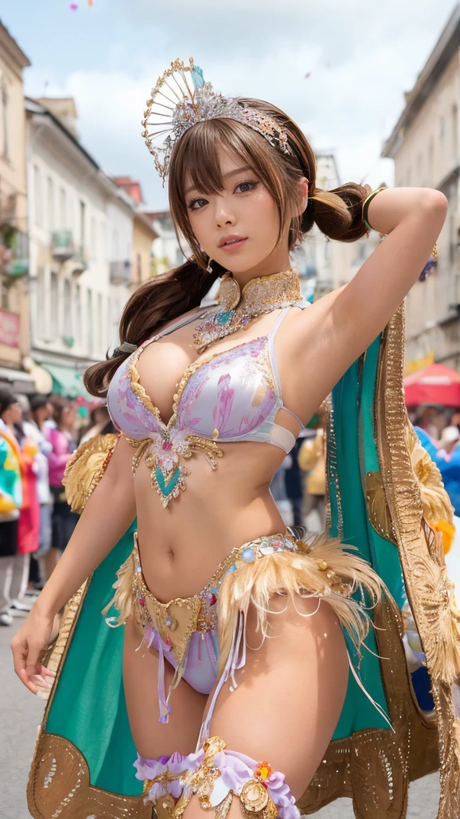 ((Gladiator: 1.2)), Mini skirt, Spear in hand, Multiple men, duel、arena、much-air-laden cheer、Large audience、
(of the highest quality: 1.32), (Ultra-high definition: 1.4), (High resolution: 1.3), (Detailed eyes and skin: 1.35), (detailed facial features: 1.25), (Detailed pupil: 1.36), Precise and perfect human structure, (authentic skin: 1.26), 8K high image quality, Large file size, fulcolor, Low noise, full-length, low angles, One Woman,
(Realistic, award winning image: 1.27), depth of fields, natural soft light,
((Ponytail: 1.47)), Brown hair, (Blue eyes: 1.28)), thick bangs, Big blue ribbon, Quiet smile, cleavage, large full breasts, Attractive thighs, abdominals, Shiny skin,