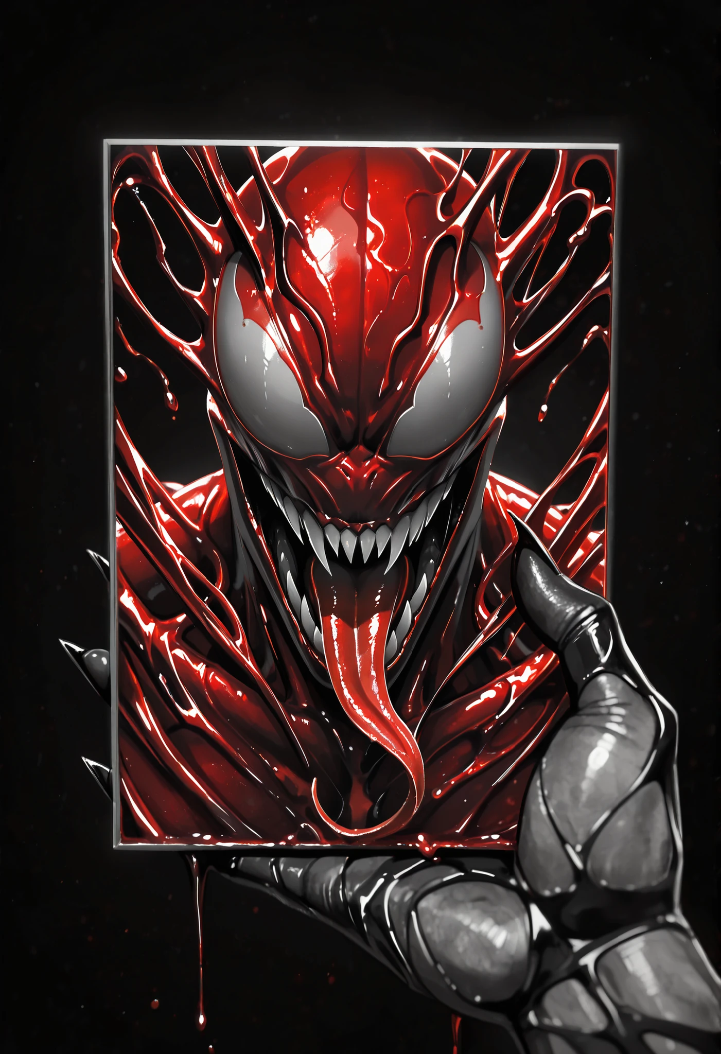 Masterpiece,The best quality,newer,absurdres,highres,monochrome,logo on black background,Red scale,grayscale,vivid colors,Venom,Red Symbiote,macabre smile,Long and salaibous tongue,muscular, blood symbiote,Ensima blood,blood manipulation,Echo de Sangre,photo slideshow,super detallado
