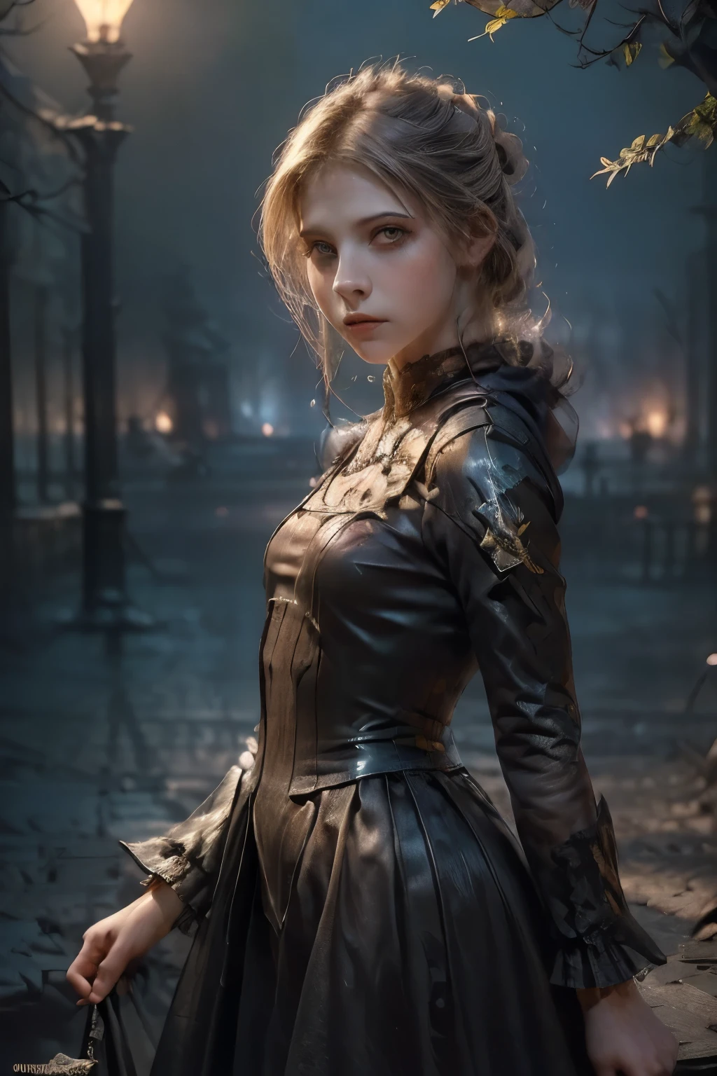  ((best quality)), ((masterpiece)), (detailed), perfect face (((mastepiece, of the highest quality, super detailed))), Dark fantasy art, dark fantasy, ((gothic art)), ((Bloodborne inspired)), (Victorian era inspired), (occultic vibe), (cosmic horror vibe), (minimal but intricate beautiful armour), (occultic military uniform), (military witch), wielding a decorated rapier-like sword, (Fluttering lace flared dress with frilly petticoats), (black and yellow clothing detailed and intricate and detailed gothic), (with a hood), thigh high lace stockings, (thigh high buckled boots), ((((Highly detailed face)))), small thin nose, Small thin lips mouth, (((Very sharp focused eyes))), ((perfect symmetrical beautiful eyes)). looking here, (resolved expression), (resolute expression), (sad face), ((fiery embers on the breeze)), ((smoke heavy in the air)), ((a sense of great conflict and adversity)), ((mature, foreboding atmosphere)), ((a sense of an ongoing apocalypse)), ((end times aesthetic)), ((biblically evocative)), ((dark and gloomy)), ((small breasts)), ((blonde)) hair, ((long ponytail, thick ponytail, heavy ponytail)), very long eyelashes, soft lighting, nsfw