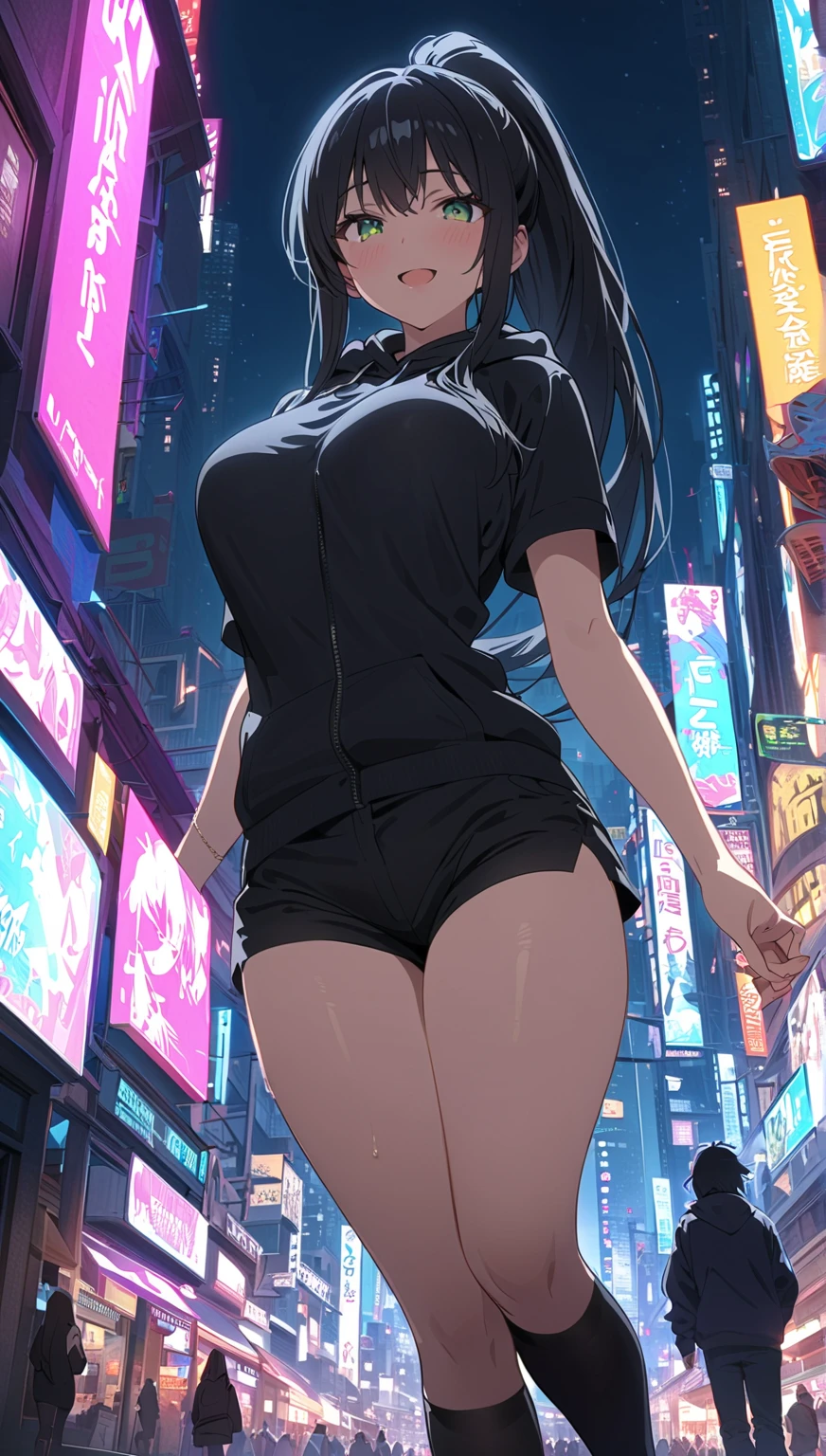 Women,25 years,,city,evening,(((tight bodysuit with white and blue miniskirt))),,open mouth smile(())(glasses),((Beautiful long ponytail)),(()),blush、Surprise face,((())),((turn around and look back))wet with sweat