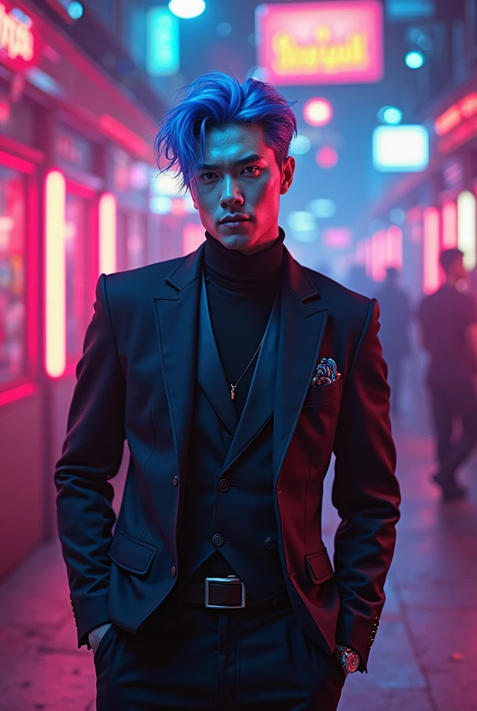 A super handsome k-pop idol, blue side part hair, black eyes, wear white unbuttoned shirt, black jacket, Hold the mic, in ear, có hình xăm ở cổ, charming, dancing on the red stage, towards the stands full of lightsticks