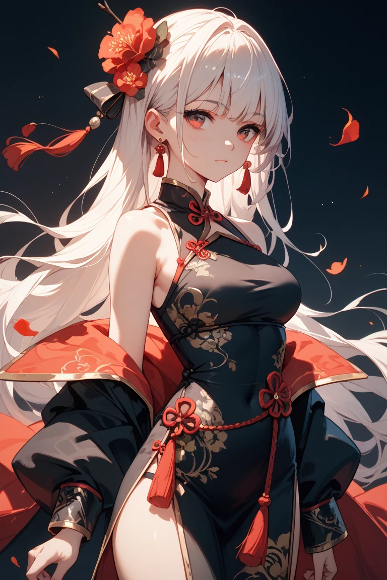((best quality)), ((masterpiece)), (detailed), Photorealistic, high resolution, mature woman, Hips up, Beautiful eyes, , Red eyes, jewelry, Hanfu, Chinese fairy, Taoist uniform, เสื้อผ้าขนาดใหญ่, Curtain Bangs, white hair, หน้าอกใหญ่, HDR (high dynamic range), After processing, Anisotropic filtration,depth of field, Maximum clarity and clarity, multi-layered surface, perfect proportions, 8K raw files, กระโปรงสั้น, natural lighting, soft lighting, sunlight, night life