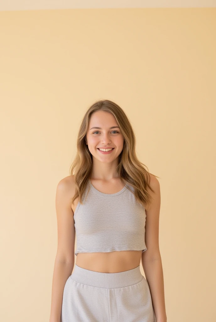 Beautiful woman from sweden, realistic eyes, realistic face, slim face, long brown hair, 20 years old, model, smiling, special camera angle, belly tanktop