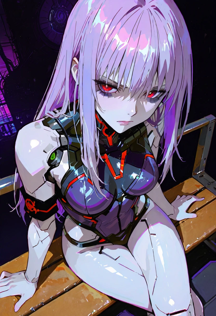 Hyper Robot. Super happy and upbeat. flying. blush. mechanical eyes. Missing arm. exposed circuitry. Exposed wires. Damaged. Happy smile. left arm is torn off. hair clip. Asymmetrical outfit. damaged core. broken eye. sitting on the floor against the wall. abandoned. chipped and broken face and body.