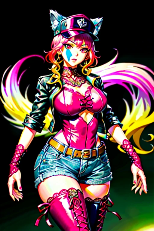 a woman stokke in a white top and pink shorts is standing next to a bike with a yellow background and, by Quentin Tarantino, 1girl, bracelet, ((raven colored hair)), jewelry, letterboxed, lips, long_hair, makeup, medium_breasts, midriff, nail_polish, navel, necklace, nose, orange_sky, pink_shorts, realistic, shorts, solo, sun, sunset, tattoo,wristband, yellow_background, yellow_sky, beautiful detailed glow, detailed, Cinematic light, intricate detail, highres, detailed facial features, high detail, sharp focus, smooth, aesthetic, extremely detailed, stamp, octane render,