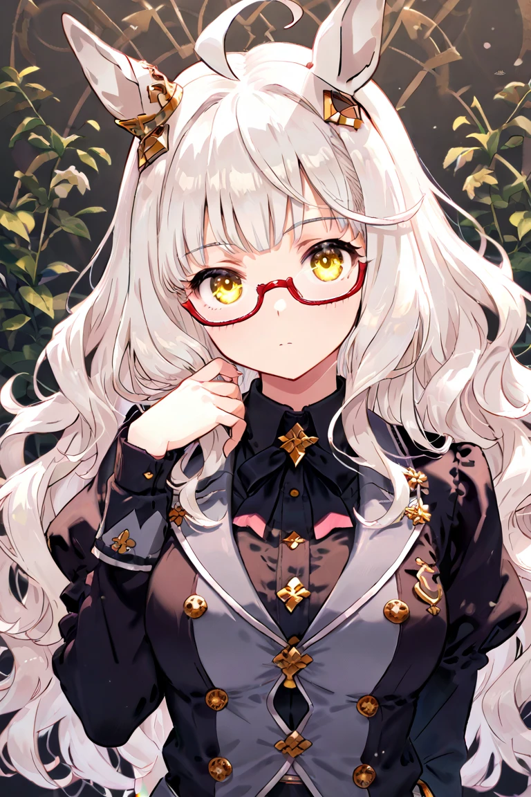 (masterpiece, best quality, 1girl, solo, intricate details, chromatic aberration), long hair, purple hair, purple head ornament, purple highlights, , ultra hireasterpiece, official art, beautiful, detailed face, green eyes, purple full flush hair, glasses, long eyelashes, delicated eyebrows, beautiful red lips, high detailed eyes,High detailed , hips up shot, wearing black lace blouse with blue buttons