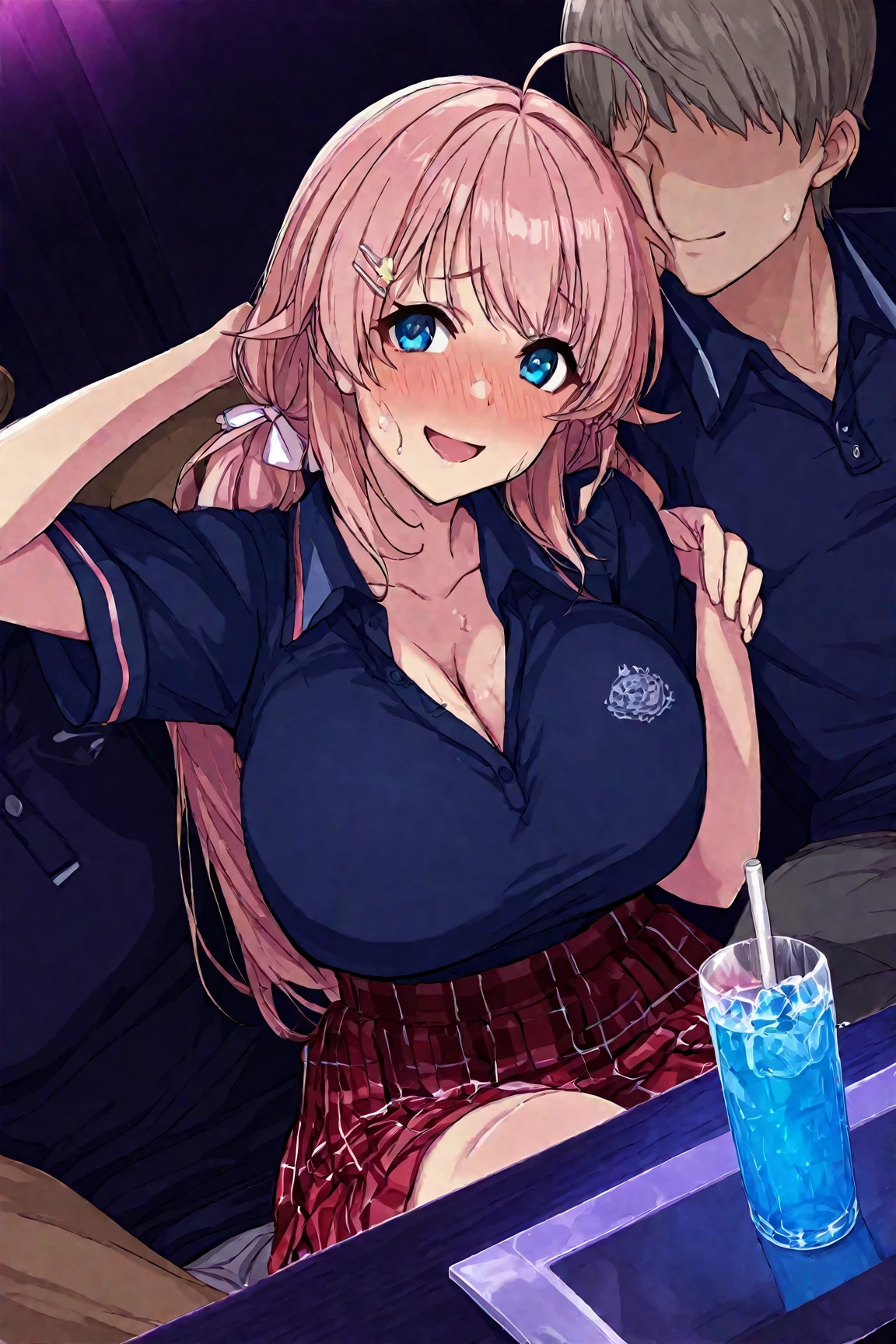 score_9, score_8_up, score_7_up, source_anime, KitagawaMarin, 1girl, ((obesse)), ((morbid obesity)), ((belly stuffed)), ((surprised)), ((very drunk)), ((staggers)), ((agitated)), ((provocative)), upper teeth only, multicolored hair, long hair, magenta eyes, ear piercing, earrings, pink nails, makeup, MarinSchool, bead bracelet, black choker, neck bell, ring, collared shirt, ((white shirt unbuttoned at the bottom)), short sleeves, blue necktie, plaid skirt, ((blue skirt)), tied shirt, ((standing), looking at viewer, ((has a stomach ache)), ((shows her naked breasts)), ((skirt lowered)), a person looks at her
