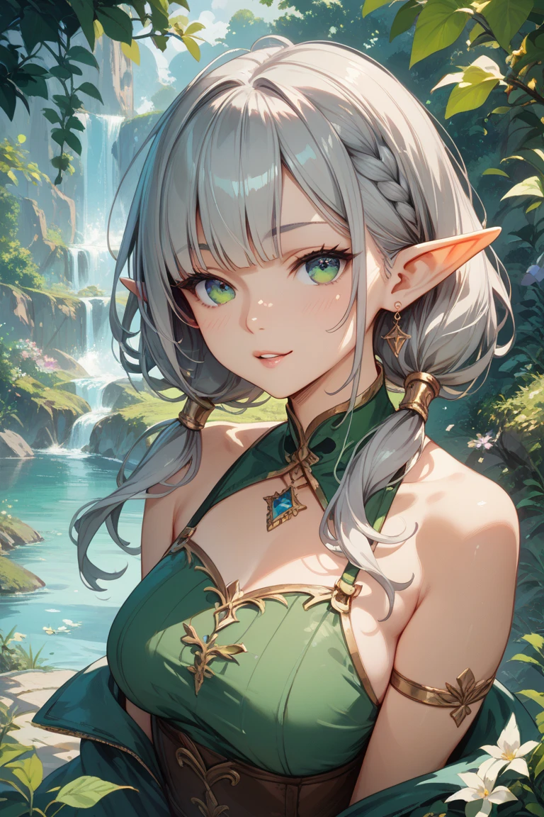 High quality, perfect anatomy, detailed illustration style, model pose, elf, one female, solo, short hair, colorful hair, topaz blue eyes, pendant eyes, glossy red lips, smiling, closed mouth, small breasts, halter neck sleeveless dress with transparent slit, abstract forest background