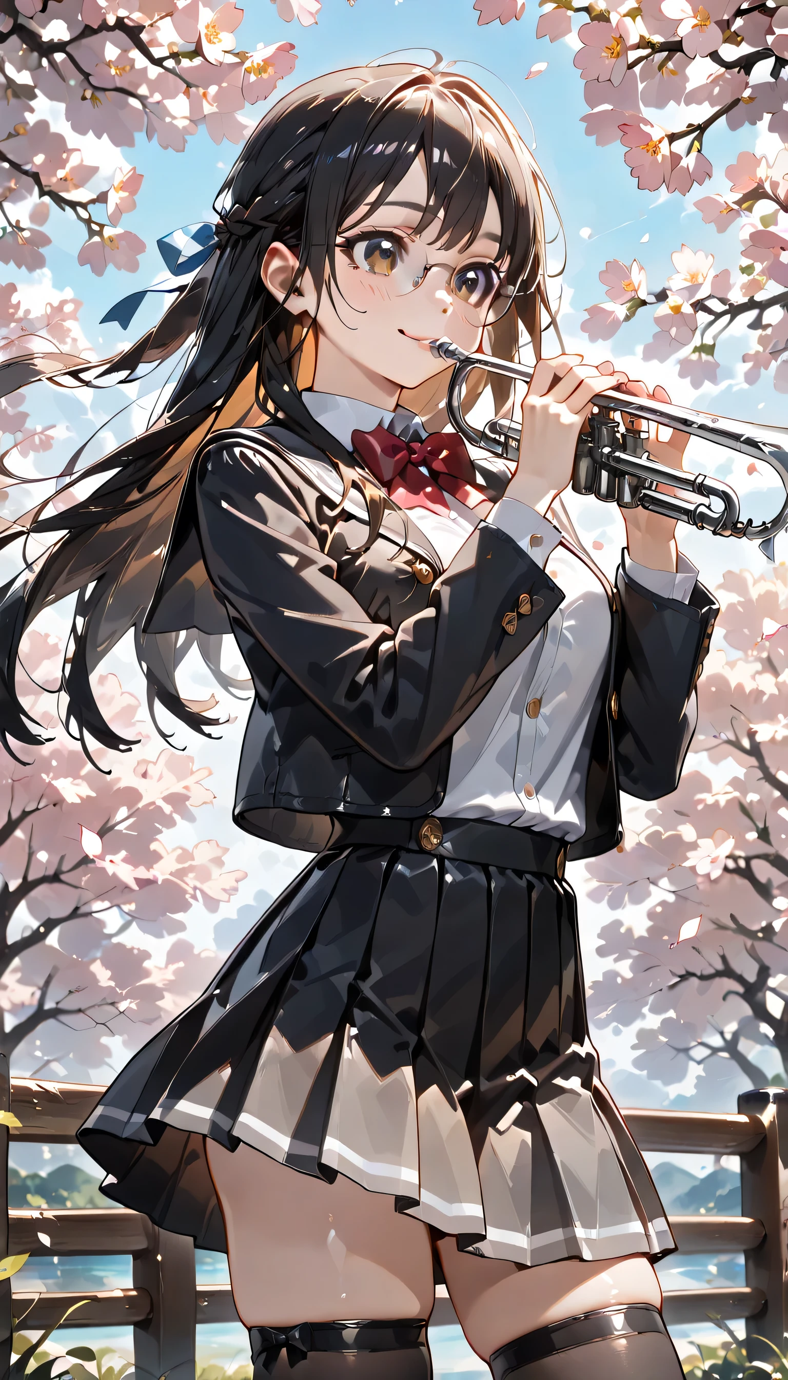 ((ultra-detailed)), (highly detailed CG illustration), (best quality:1.2), ultra-highly detailed, colorful composition, artistic photoshoot, 1girl, solo focus, ((thigh to top:1.3)), ((cowboy shot:1.3)), moe anime character, girl, dainty facial structure, (baby face), (round face), ((rounded chin:1.2)), ((ideal ratio body proportions)), thick eyebrows, half updo, Sagging eyes, long hair, black hair, brown eyes, ((wearing glasses:1.3)), ((round eyewear:1.3)), (hair ribbon with blue), ((hair is swaying in the wind)), ((smile:1.2)), ((blush1.2)), ((play the trumpet:1.3)), ((trumpet that shines reflecting the sunlight:1.3)), ample breasts, school uniform, navy blue blazer, modern style with fitted jacket, red neck bow, long sleeves white frilled shirt, navy blue pleated skirt, and black high socks, from front, expecting, pink cheek, blush, light pink gloss slip, beautiful detailed sky, cherry blossom petals, cherry trees, row of cherry trees, breeze, petals dancing in the wind, shining sunlight shines, dynamic pose, contrapposto pose, best quality, masterpiece, portrait, depth of field, soft lighting, sidelighting, (shine), lighting, caustics, ray tracing, perfect face, lustrous skin, highly detailed face, highly detailed eyes, perfect face, perfect nose, perfect hair, perfect eyes, perfect anatomy, beautiful hair, beautiful small face, extremely detailed face, beautiful detailed eyes, beautiful clavicle, beautiful body, beautiful ample breasts, leavage, breasts squeezed together, equalize the size of the left and right breasts, beautiful thin thighs, beautiful legs, beautiful fingers, 4 fingers, 1 thumb, lovely, (very detailed background:1.0), (highly detailed background:1.0), spring aesthetic, intricate details, enjoy the performance atmosphere, spring colors palette, chromatic aberration