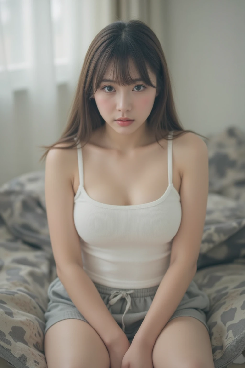 ((Panty shot:1.5)) ((Big Breasts:1.3)) ((On the bed:1.2)) ((Sleep:1.2)) ((Denim shorts:1.2)) ((close:1.2)) ((Flat stomach:1.2)) Highest quality,masterpiece,Ultra-high resolution,(Realistic:1.4),RAW Photos,(Real skin texture:1.3),(Film Grain:1.3),Panorama,Character Portrait,Very wide shot,Tight waist,Cowboy Shot,(In the Dark, Deep Shadow, Modest, Cold Light,) night,(()),Tears flow,,Dust,Tyndall effect,(Performance),One girl,14 years old,Beautiful and detailed eyes and face,White Jabot,Brown eyes,((White tank top:1.3)) ((Stylish bedroom:1.4)) ((Brown Hair:1.2)) ((Long Hair)) ((Half French、Half Korean:1.3)) ((At my house:1.2)) ((Leg spread:1.3))