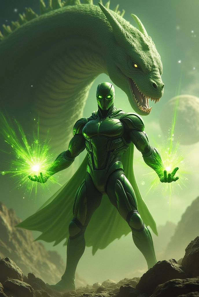 Make a gaming logo with the name of abhi behind name a anime boy with a green colour cosmetic c suit with green power' is showing who stand on a dragon