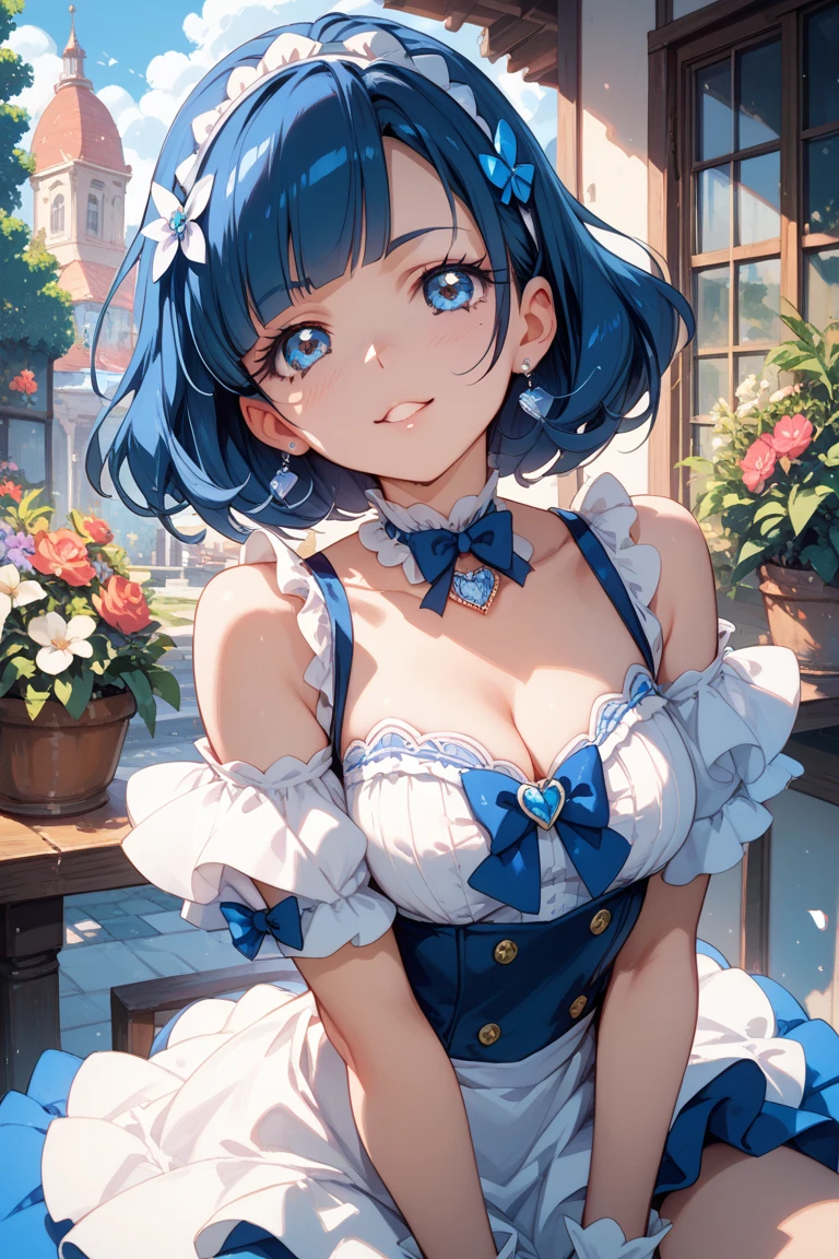 1girl, solo, breasts, looking at viewer, blush, short hair, blue eyes, hair ornament, dress, ribbon, medium breasts, blue hair, hair ribbon, outdoors, detached sleeves, sky, day, hair over one eye, apron, blue sky, maid, maid headdress, x hair ornament, pink ribbon, roswaal mansion maid uniform