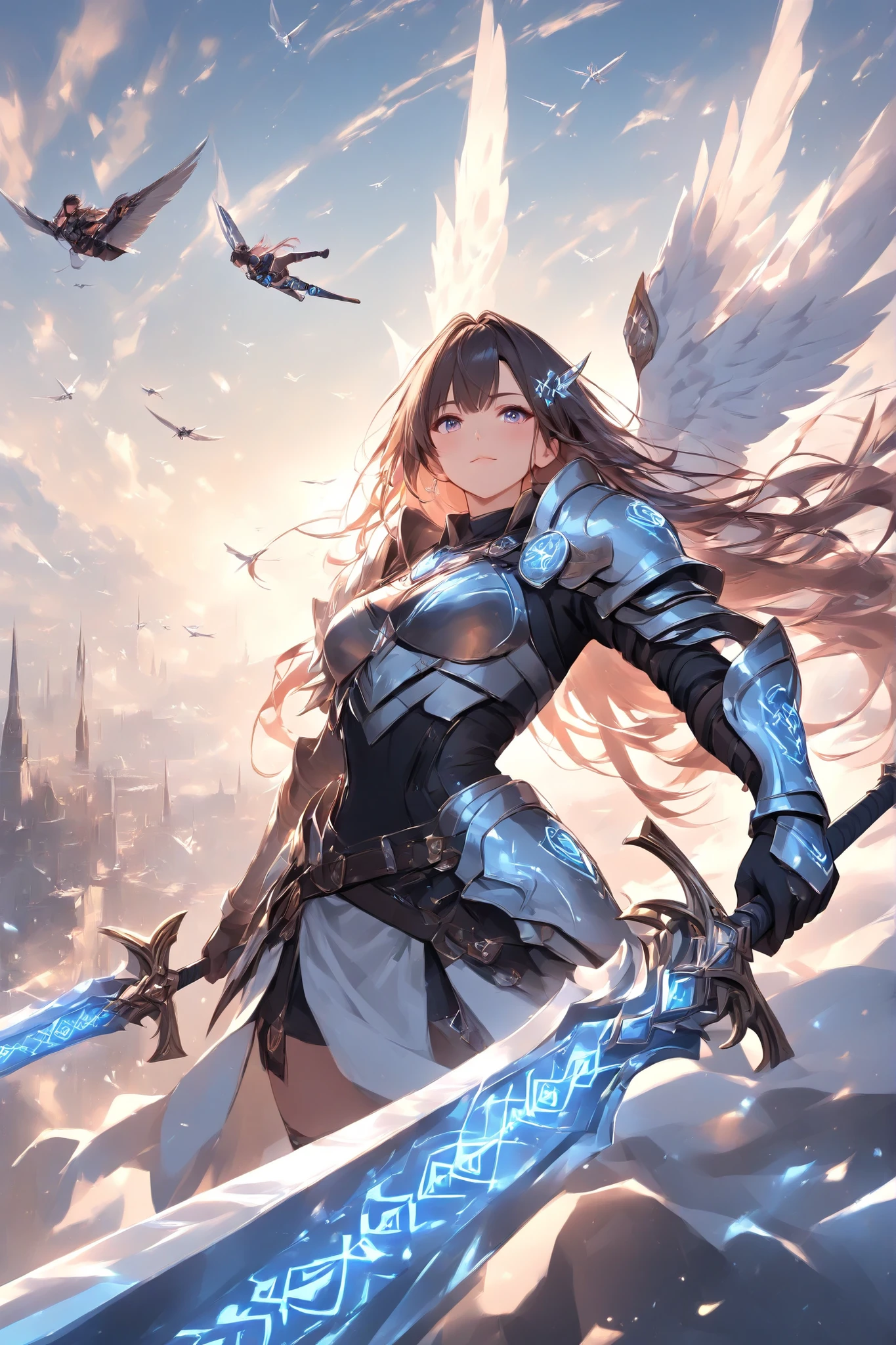 Glowing Runes、Glowing Rune Circle、Glowing Rune Armor、Glowing Rune Sword、A knight gliding at breakneck speed、 white wings on your back、Neon Vapor from the tip of the feather、Visualize the flowing wind、Works with a sense of speed、Impressive work 、early
