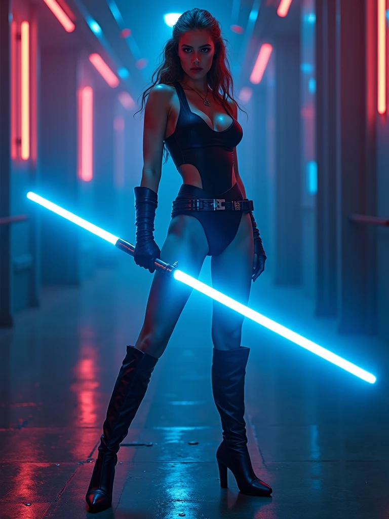((best quality)), ((masterpiece)), (detailed), 1 girl, huge chest, huge boobs, red lightsaber, blue lightsaber, techno, blonde, latex, cleavage