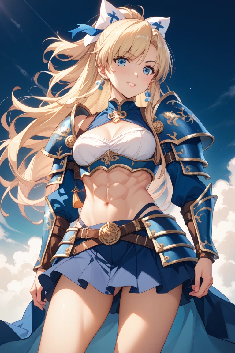 Very detailed、highest quality、Best image quality、masterpiece、8k、Anime Face、A kind smile、Open your mouth、Sparkling blue eyes、(Blonde wavy hair:1.5)、、Muscles of the whole body、camisole、Thigh belt、mini skirt、(Wearing red bikini armor:1.5)、(Cowboy Shot:1.5)、(Leg armor:1.5)、Wearing a helmet