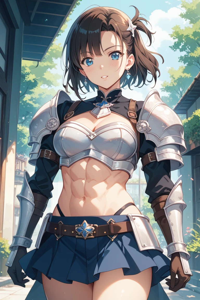 anime aestetics, dynamic pose, aestetics view, perspecticve, digital portait of a female knight, short brown hair, blue eyes, huge scar on face across the eye, old worn out armor, simple steel plate armor, angry face, anime character, beautiful woman, tomboy, muscular body, perfect six pack abs, blurry background, medival training field, pov, first-person view, atmospheric perspective, best quality, 16k, 8k, highres, award winning, high details, super detail, textured skin, accurate, masterpiece, retina, UHD