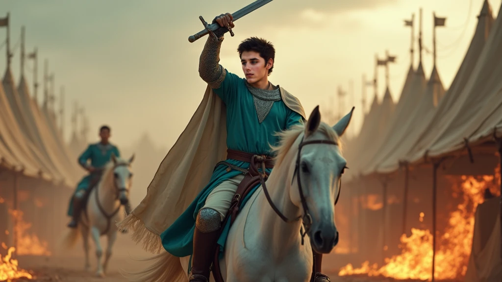 A young male twink, 18 years old, with a cute, angelic face, with makeup and black hair, wearing a medieval shirt with ties, a v-neck, and long sleeves, aquamarine in color, and white medieval pants. He is on the battlefield, riding on a horse, carrying a sword, and  A shield and behind it are tents burning with fire and flames, and he looks angrily, as if the horse is galloping