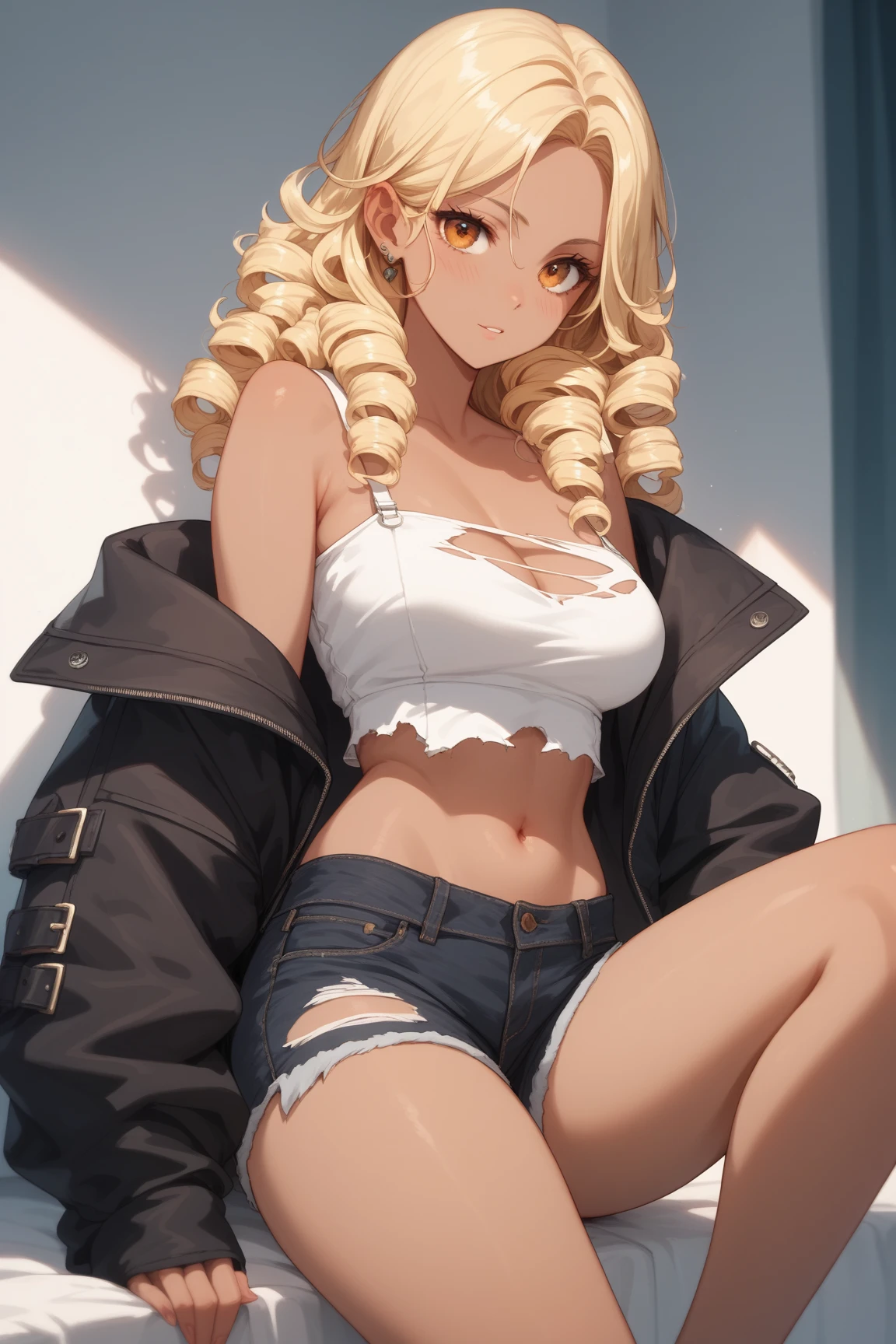 Anime, anime girl, 2d, 18y, 18 years, ((black belt)), (((full body))), Very Kawaii, smile, lip lips, seductive smile, Solo, Slim, Large Breasts, Plain White T-shirt, Very Tight Shorts, upshorts, Dynamic Angle, No Background, White Background, looking at viewer, darker shadows, (((absurdres))), (((thigh gap))), (((cameltoe))), (((sleeveless))), 