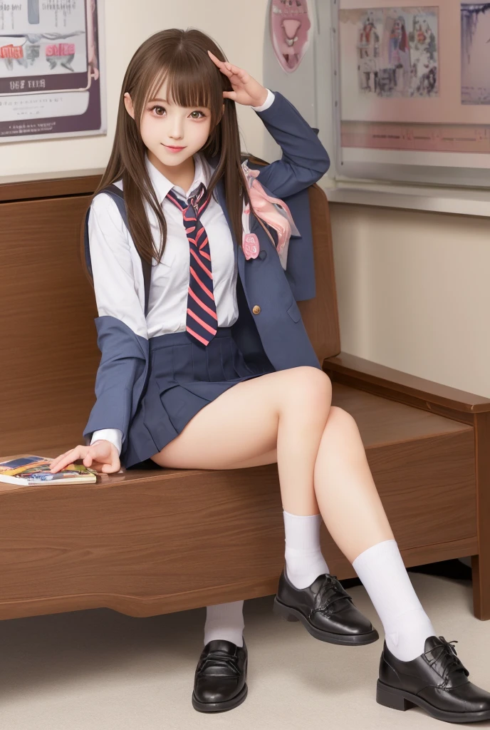 white collared shirt, blazer, bowtie, necktie, pleated skirt, micromini skirt, bobby socks, , white socks, loafers, school shoes,striped panties,(( pantyshot, panties shot)),,skirt up.cowboy shot.spread legs.((full body)).23yo .pee stain