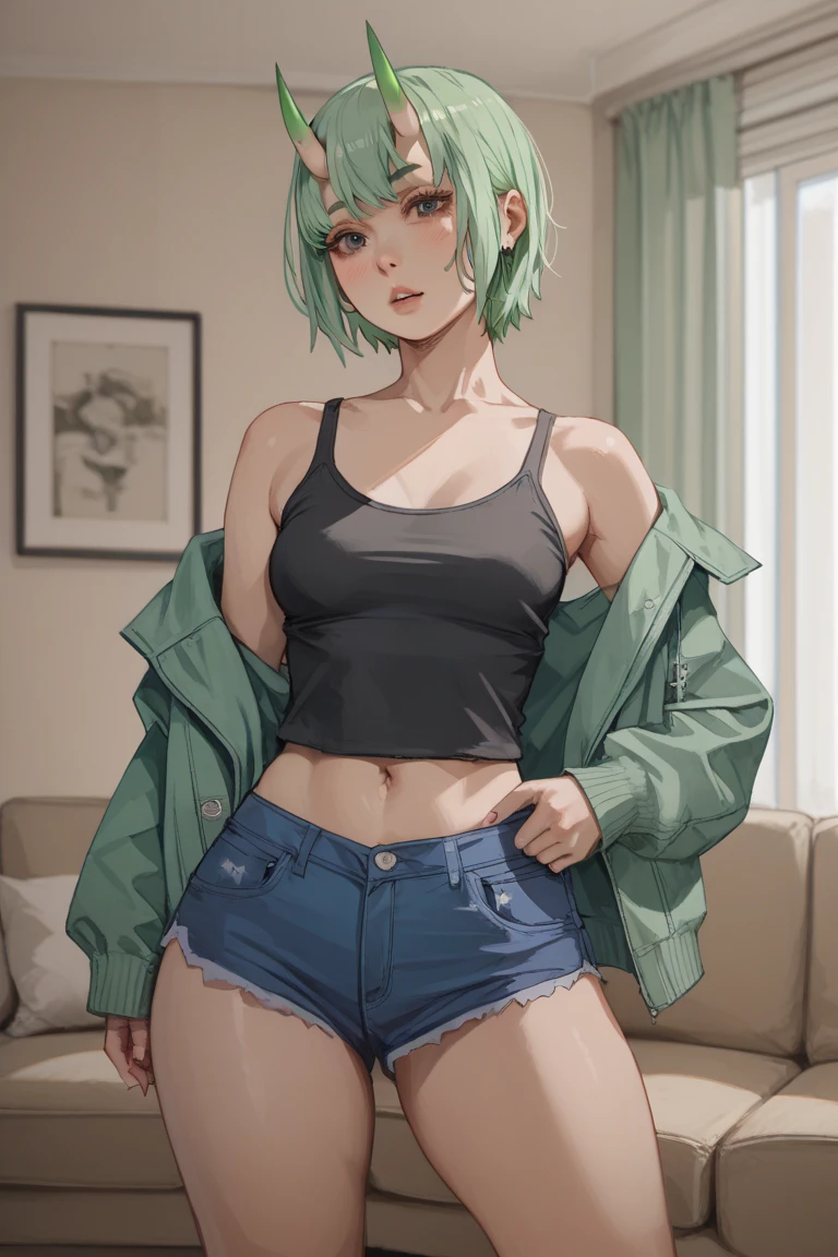 1woman, light green hair, short hair, purple eyes. elf, tank top, athletic shorts, standing on ground, high res, ultra sharp, 8K, masterpiece