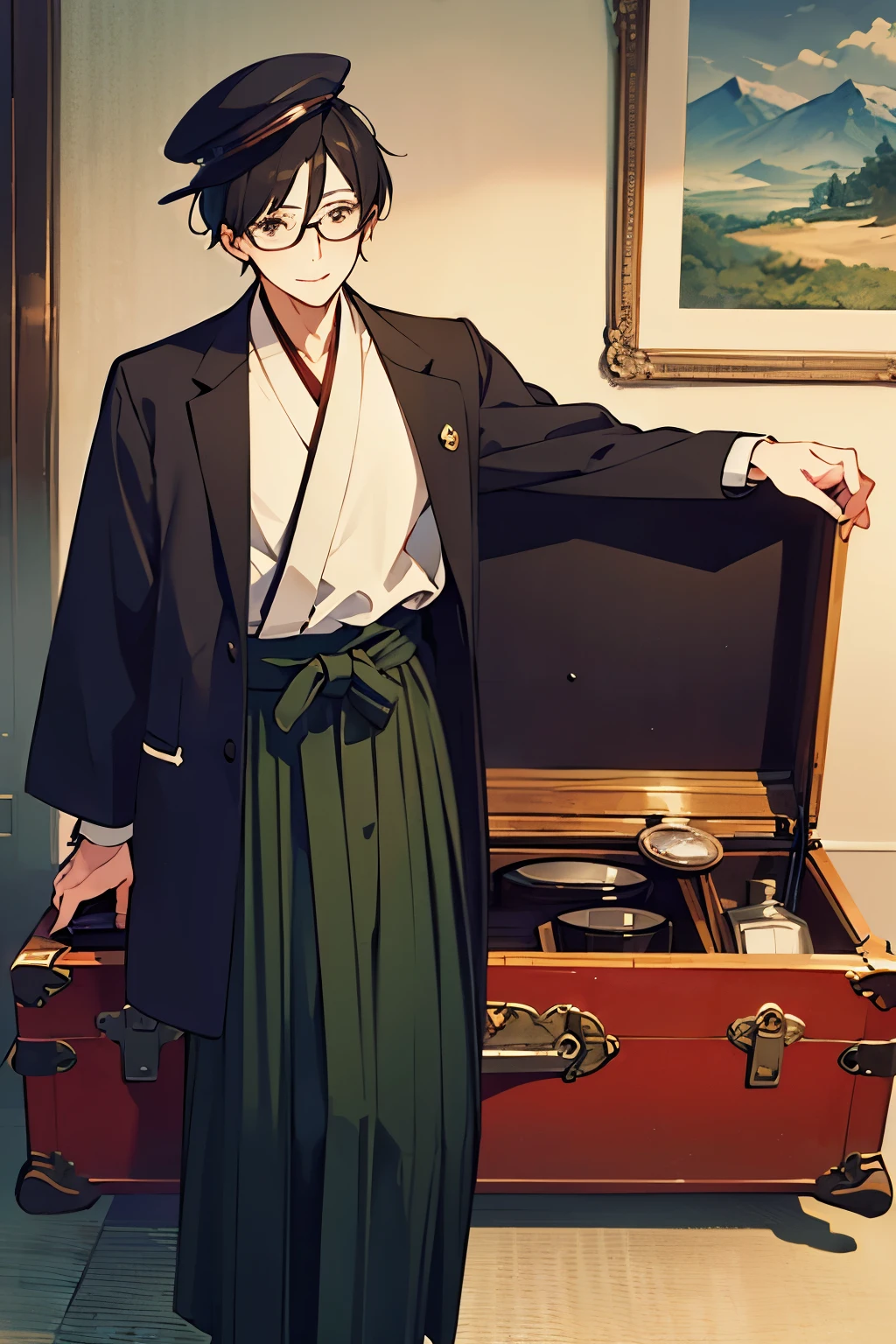 masterpiece, Best Quality, Taisho Era Youth, male,Cancan hat ,Green and Black Checkered Coat,Striped Hakama,white shirt,Geta ,Holding an antique travel trunk in hand,Round Glasses,droopy eyes,Gentle Smile ,black hair,solo,