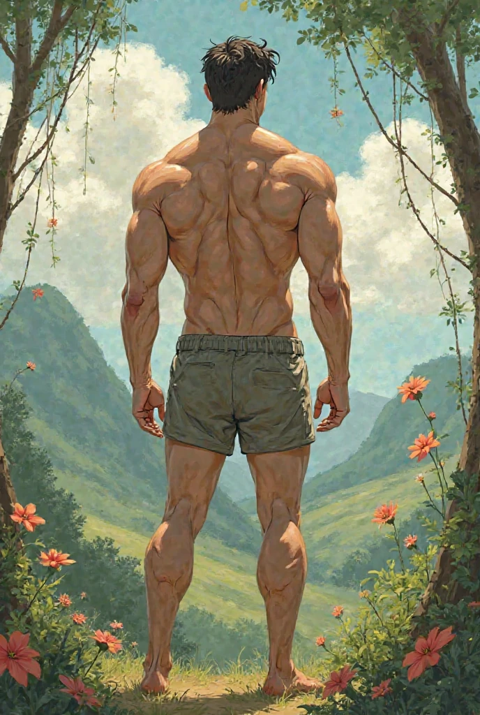 Édouard Manet, back view, oil painting, perfect composition, perfect face, beautiful man, back view, muscles,  body, ((white briefs)), muscle man, colorful orchids, pond, painter,  slim body, forest, lotus, with beautiful features, painter, sharp focus, intricate details, highly detailed, by John William Waterhouse, oil painting, heavy strokes, paint dripping, centered, full body, back view