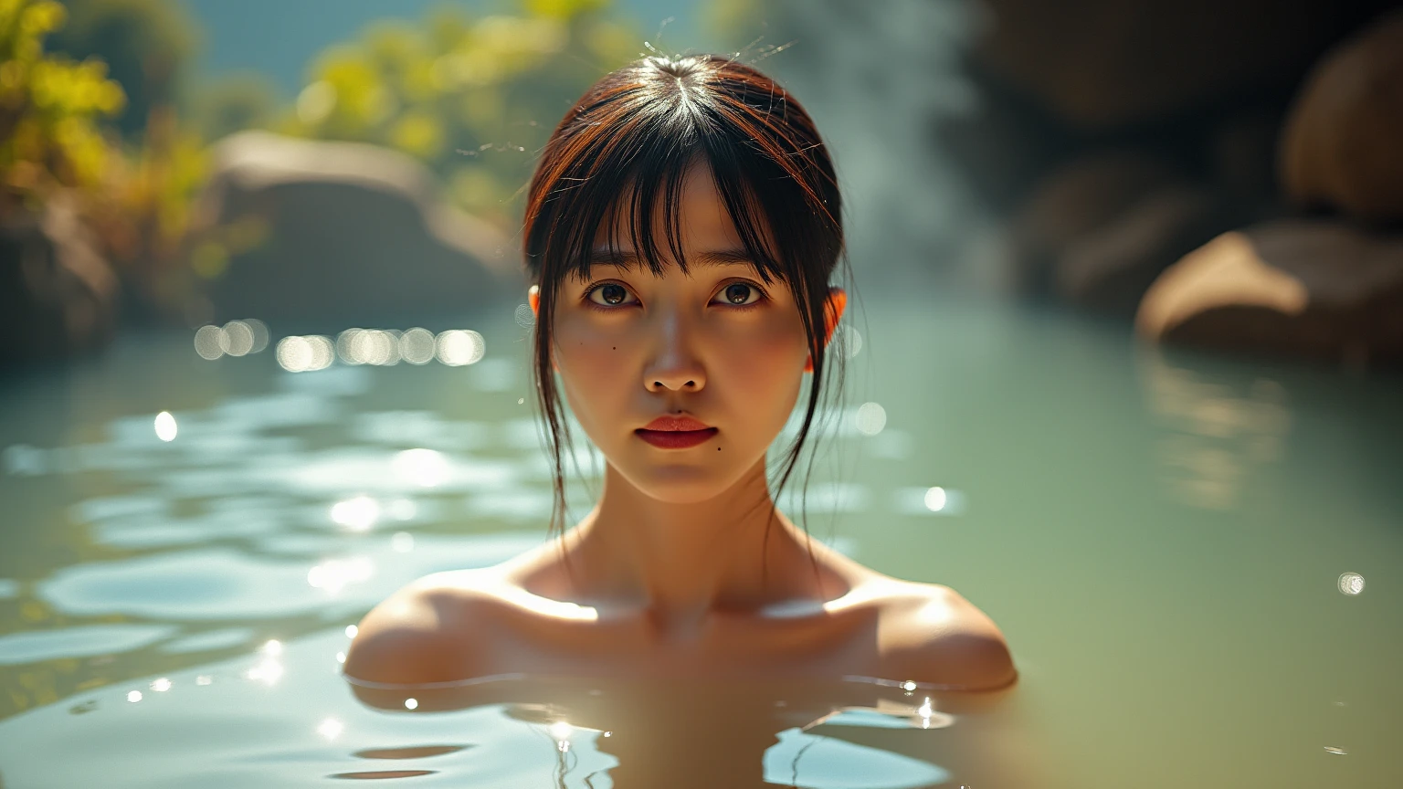 portrait of a korean woman, sunburnt ebony skin, long light straight hair, wavy at the height of the back, gray eyes, Better eyes, Better face, Better skin, fluffy turned, ((big cheeks)), bathing in the natural, wet hair, naked in a deep river and transparent waters, only with the head and neck out of the water, between reeds, fair skin with a slight tan mark, highly detailed glossy eyes, high detailed skin, skin pores, asymmetrical breasts, hard tips, half of the tits out of the water, (backlit), realistic, masterpiece, high quality, brightness, shadow, flower, digital painting, korean woman, gueixa eyes, 18 years old, tangled hair, messy hair, ebony lips, 8k uhd, forest, sand on the bank, river, wood, smoke, shadows, contrast, clear sky, style, (warm hue, warm tone), analog style (look at viewer:1.2) (skin texture), close up, cinematic light, sidelighting, Fujiflim XT3, DSLR, 50mm, topless woman, puffies, dark mysterious forest, thick fog, menacing eyes, long hair, blunt bangs, hair bun, twintails, double bun, sidelocks, clothed bathing, girl floating above the water, ((night), Hanami Matsuri Lanterns in background)