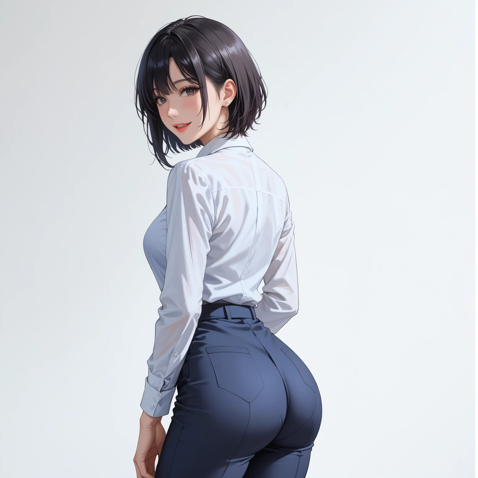 (View from directly behind)Looking into the camera,28 years old,1 female,(((Lean forward and stick your butt out))),((wear white golf clothes))((Wearing tight fitting trousers))(Professional Golfer),(Arch your back、raising her upper body.)(Accentuate your butt)(Ass close up),(Medium sized breasts),(Beautiful breasts)(Moderately voluptuous body)(Black short bob hair),(Best image quality, (8K), Ultra-realistic, 最high quality, high quality, High resolution, high qualityの質感, Attention to detail, Beautiful details, Fine details, Extremely detailed CG, Detailed Texture, Realistic facial expressions, masterpiece,(Wearing glasses:1.1) (((raising her upper body)))(((Accentuates curves from waist to hips)))(((Photograph the whole body)))(((Composition seen from the rear)))