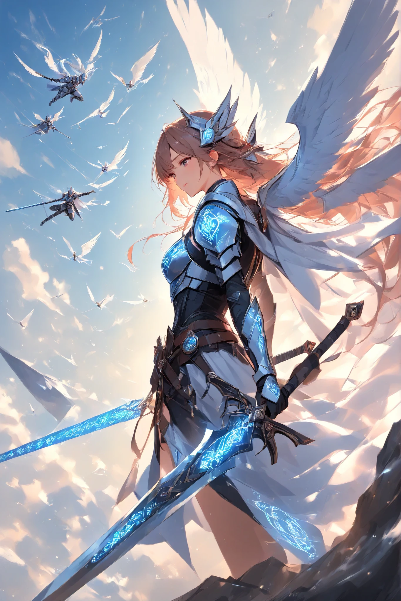 Glowing Runes、Glowing Rune Circle、Glowing Rune Armor、Glowing Rune Sword、Sky Knight、A knight gliding at breakneck speed、Glowing Armor、 white wings on your back、Neon Vapor from the tip of the feather、Visualize the flowing wind、Works with a sense of speed、Impressive work 、early