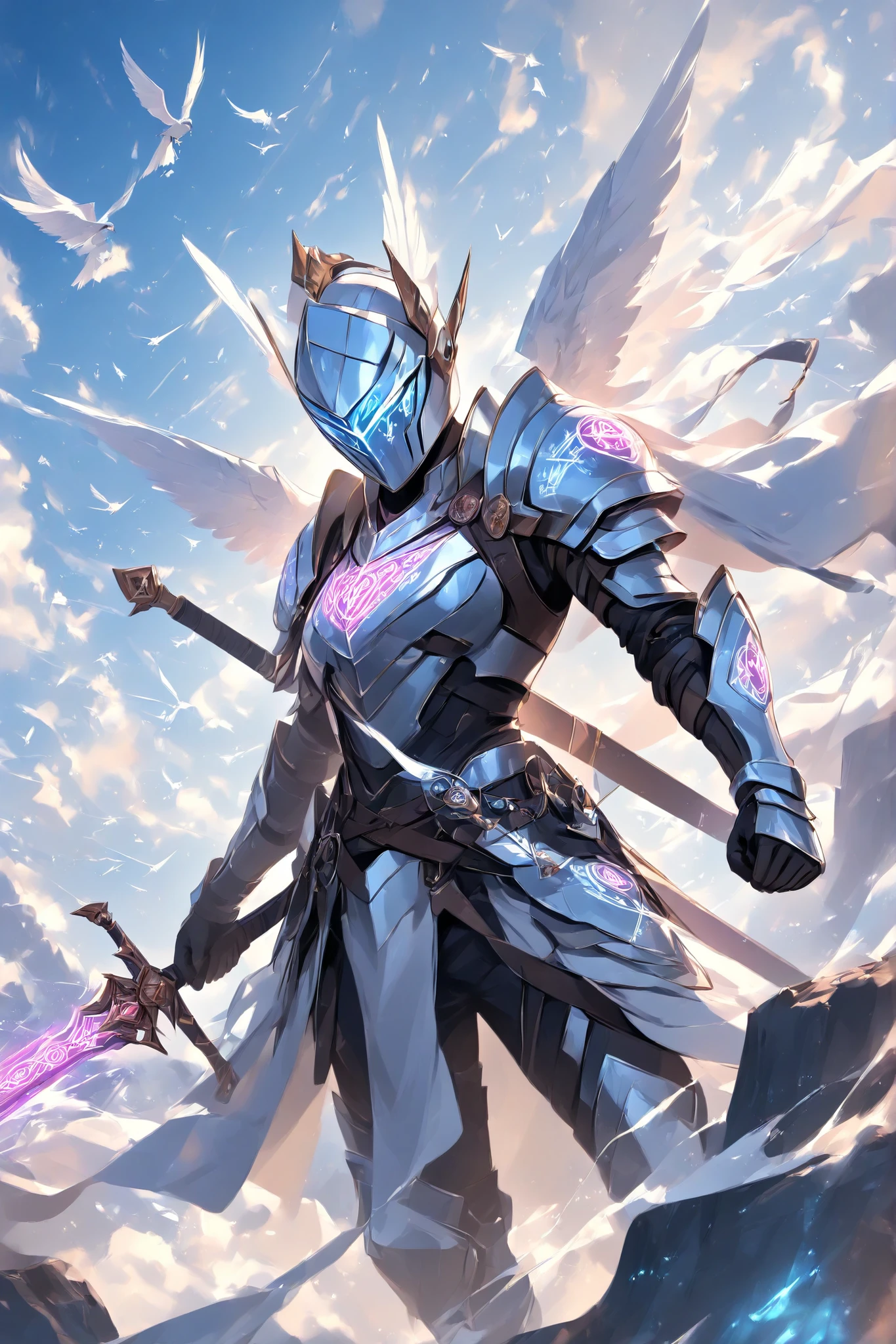Glowing Runes、Glowing Rune Circle、Glowing Rune Armor、Glowing Rune Sword、Sky Knight、A knight gliding at breakneck speed、Glowing Armor、 white wings on your back、Neon Vapor from the tip of the feather、Visualize the flowing wind、Works with a sense of speed、Impressive work 、early